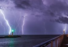 bright lightning strike beneath heavy storm clouds at night