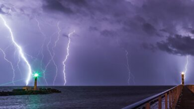 bright lightning strike beneath heavy storm clouds at night